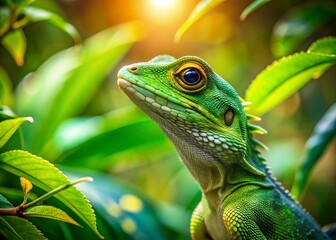 Fototapeta premium Singapore Lizard Bokeh Photography: Reptile in Lush Tropical Vegetation