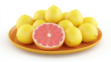 A plate of bright pink grapefruits, one grapefruit cut in half showing a vibrant magenta interior, surrounded by ripe yellow lemons. The fruits are glossy and hyper-detailed, emphasizing their texture
