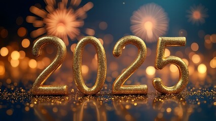 2025 New Year Celebration - Golden Number And Fireworks At Blue Eve Night In Abstract Defocused Lights