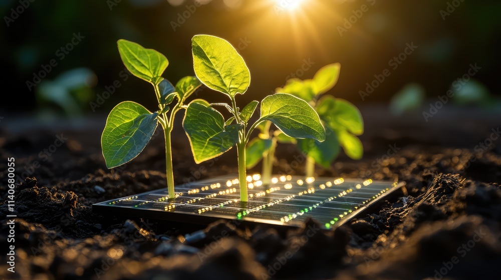Poster a solar-powered microchip illuminated by natural sunlight, with glowing pathways emphasizing its ren
