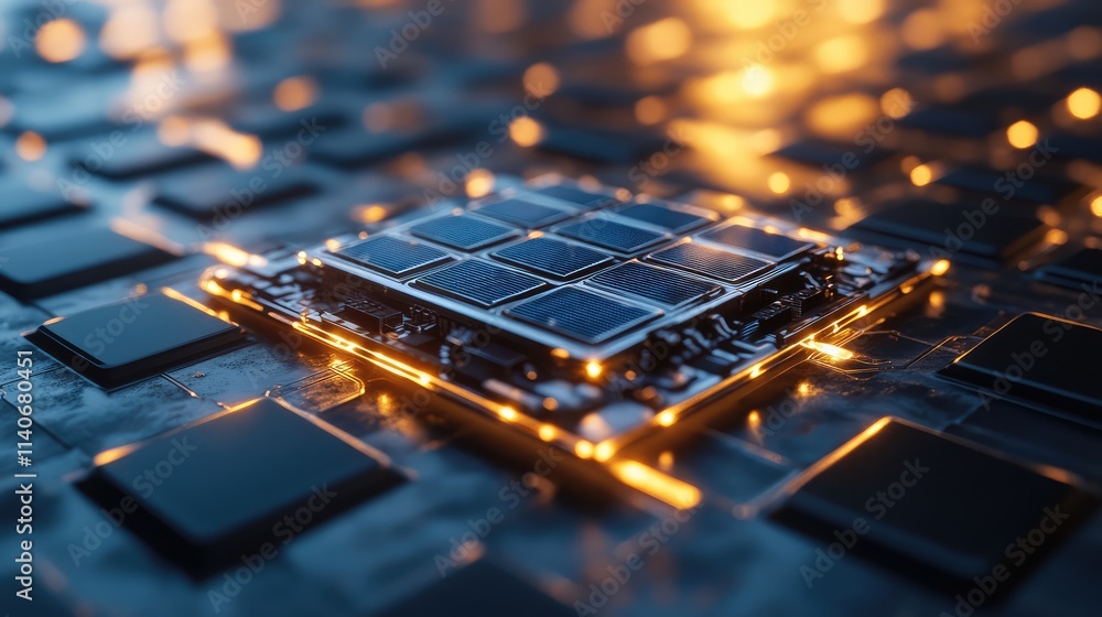 Poster a solar-powered microchip on a reflective surface, with its embedded solar cells absorbing light and