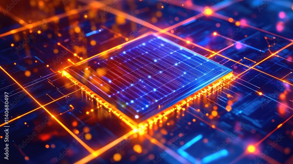 Aufkleber a solar-powered microchip prototype glowing softly, surrounded by holographic energy projections in 