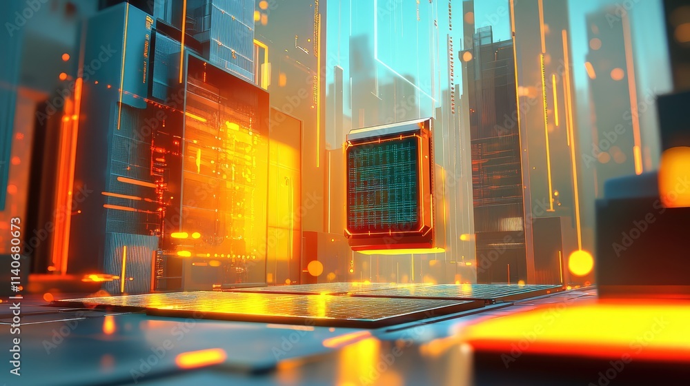 Poster a solar-powered microchip prototype glowing softly, surrounded by holographic energy projections in 