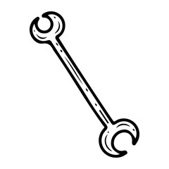 Wrench hand drawn doodle. Tool for tightening and loosening nuts and hex bolts. Workshop equipment. Fork-shaped metal device. Vector line art illustration.