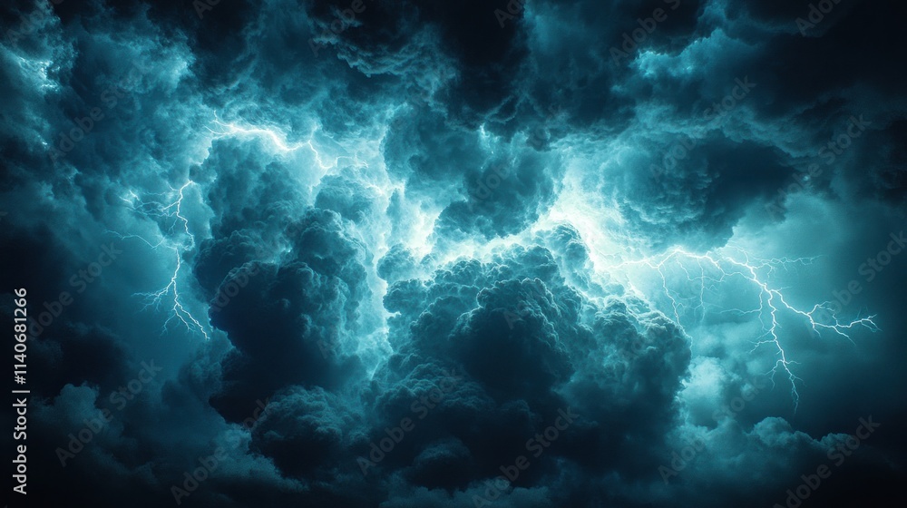 Poster dramatic storm clouds illuminated by lightning, creating an intense atmospheric scene.