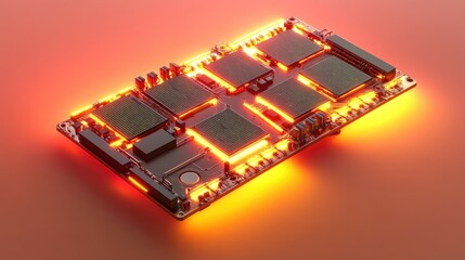 A solar-powered microchip with glowing circuits and embedded solar panels, placed against a gradient background for emphasis
