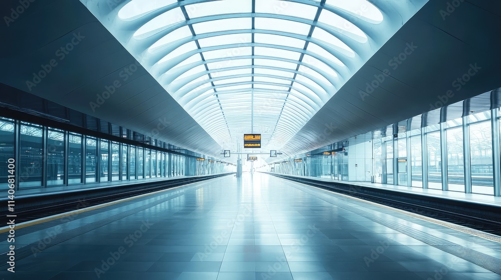 Poster a spacious high-speed train station with minimalistic design, featuring wide platforms and advanced 