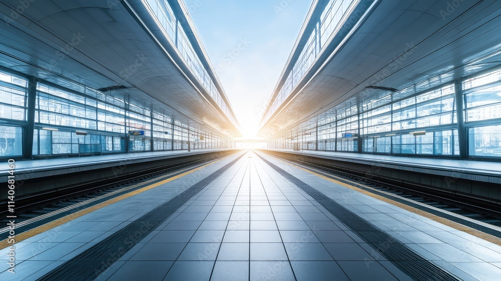 Poster a spacious high-speed train station with minimalistic design, featuring wide platforms and advanced 