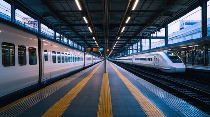 A spacious high-speed train station with minimalistic design, featuring wide platforms and advanced passenger facilities