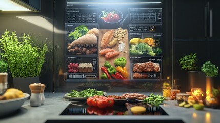 A high-tech kitchen display showing a meal plan of lean proteins, whole grains, and fresh vegetables, surrounded by nutritional information promoting healthy weight management.
