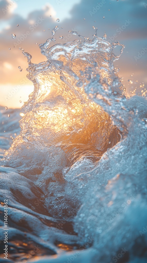 Poster a close-up of a wave splashing with sunlight reflecting through the water.