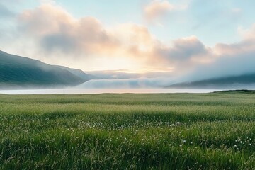 Obraz premium Landscape. River or lake in fog. Grass in foreground. Wallpaper, background, banner, poster.