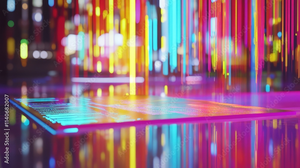 Aufkleber a vibrant depiction of a microchip on transparent glass, with colorful holographic projections of da