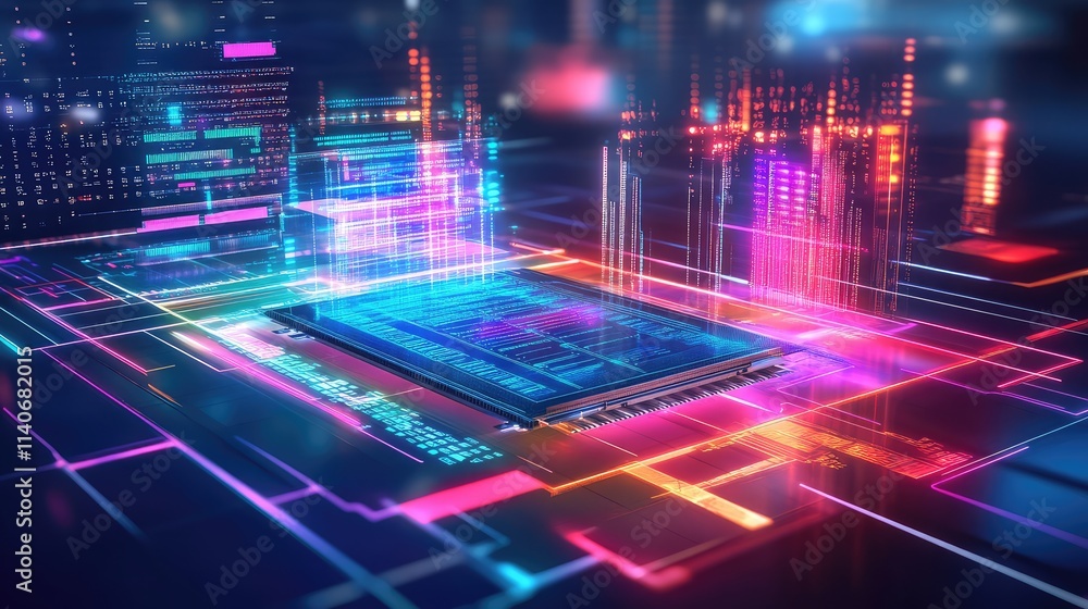 Poster a vibrant depiction of a microchip on transparent glass, with colorful holographic projections of da