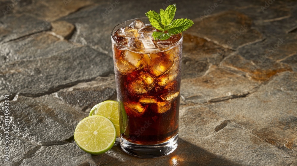 Poster refreshing dark beverage with lime and mint on rustic stone surface