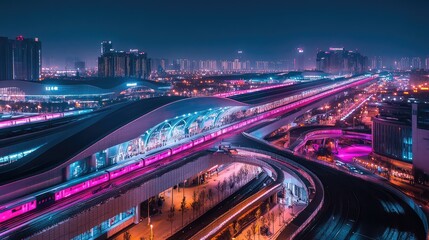Fototapeta premium A vibrant shot of a high-speed rail system illuminated at night, with trains departing from a bustling, modern station