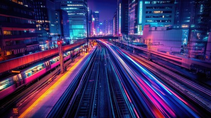 Fototapeta premium A vibrant shot of a high-speed rail system illuminated at night, with trains departing from a bustling, modern station