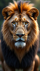 Fototapeta premium Close-up portrait of a majestic lion with a glorious mane and intense gaze in a natural setting 