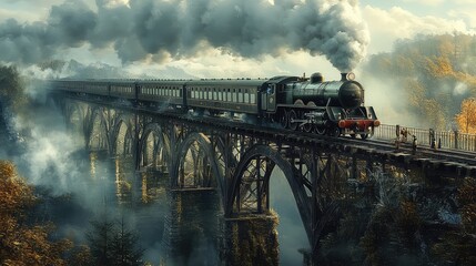 A vintage high-speed train crossing a historic iron bridge, with a cloud of steam billowing from the engine as it moves forward