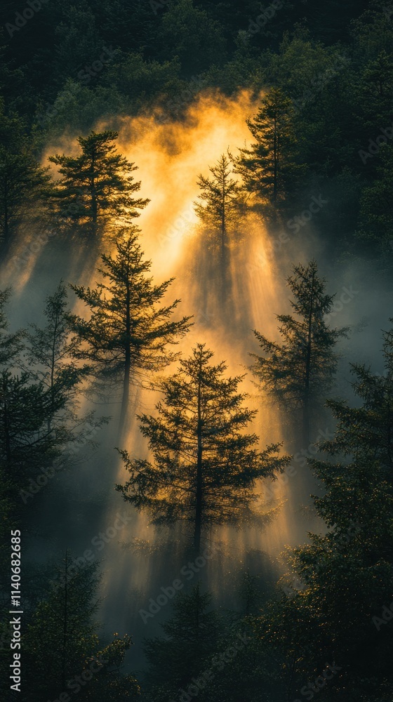 Poster a misty forest scene with sunlight filtering through trees, creating a serene atmosphere.