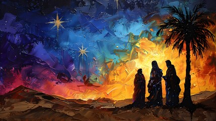 A majestic portrayal of the holy family at the center of the nativity, three kings in oriental-style robes and black cloaks presenting their treasures,