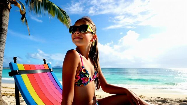 A girl in a colorful bikini relaxes on the beach, surrounded by palm trees and lounge chairs. The stunning ocean waves and bright sun create a perfect summer day.