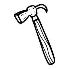 Hammer hand drawn doodle. Tool for driving nails. Claw hammer. Workshop equipment. Metal tool with wooden handle. Vector line art illustration.
