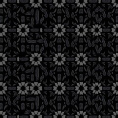 Fototapeta premium Black and White Floral Tile Pattern: A captivating seamless pattern featuring intricate black and white floral motifs on a dark background.