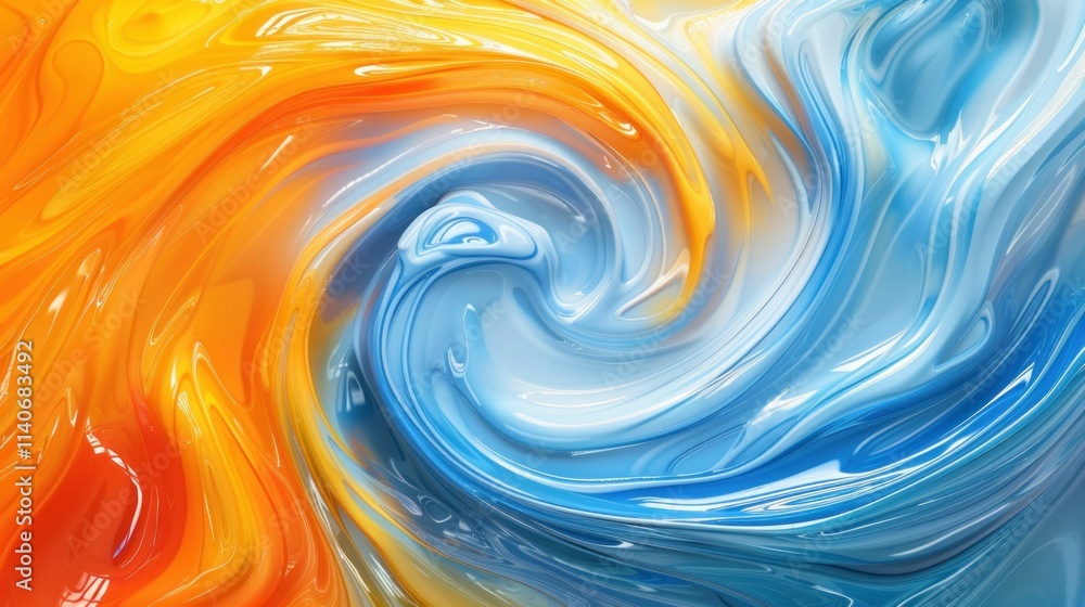 Poster colorful abstract swirl, blending vibrant orange and serene blue hues, creating a dynamic and fluid 