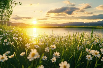 A tranquil nature landscape with beautiful scenery. A sunrise over the calm water of a river or lake,  green meadow with wild flowers. Wallpaper, background, banner, poster.