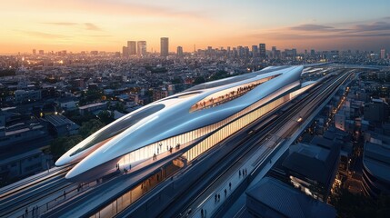 Fototapeta premium An aerial view of a high-speed train station surrounded by urban landscapes, showcasing its innovative design and connected tracks