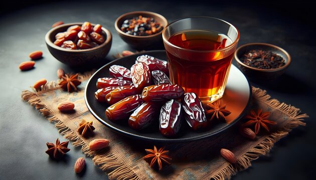 date dried dates hurma khorma fruit Iranian Arabic and glass of tea, on a horizontal dark background