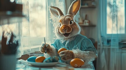 cheerful cartoon easter bunny painting brightly colored eggs in a workshop – perfect for a fun home decor poster or vibrant children’s room interior!