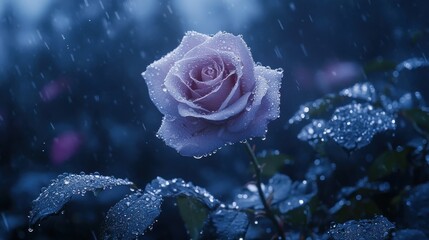 Single lavender rose in rain, glistening petals and leaves.