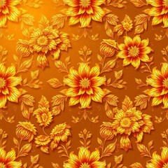 Golden Floral Tapestry: A luxurious and intricate seamless pattern featuring elegant golden flowers and leaves on a warm orange background.