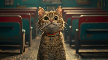 A curious cat stands in a vintage setting, evoking a whimsical atmosphere.