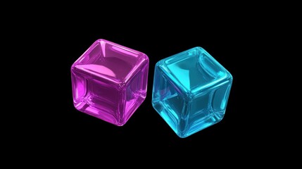 Two vibrant glass cubes, pink and blue, on black background.