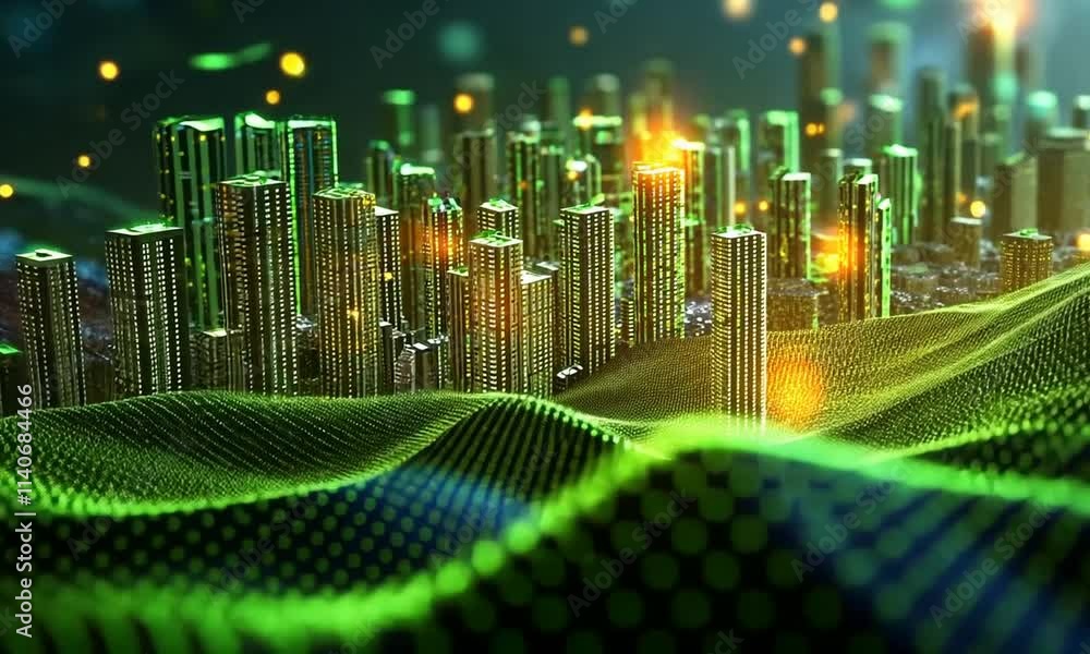 Poster futuristic cityscape with glowing structures