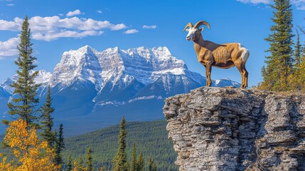 Obraz premium Bighorn sheep stands proud on a mountaintop overlooking a pristine alpine landscape.