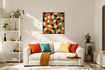 Cozy living room, bright interior design, white sofa, colorful throw pillows, orange blanket, abstract wall art, wooden ladder shelf, potted plants, natural light, minimalist decor, warm tones, modern