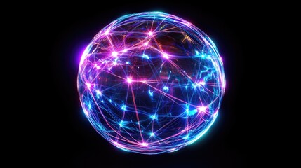 A glowing digital globe connected by vibrant holographic lines, representing global network connections, futuristic, neon, 3D render, high detai
