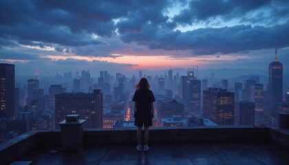 Lonely teenager standing on a rooftop overlooking a city skyline during twilight