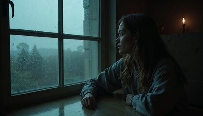 Teen girl experiencing loneliness and depression while sitting by the window in a dimly lit room