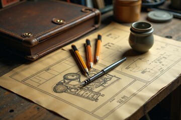 Drawing Tools Over Blueprint Paper