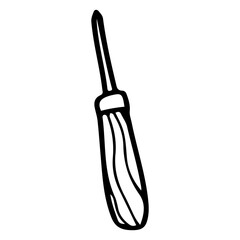 Screwdriver hand drawn doodle. Tool for screwing in screws. Workshop equipment. Metal device with wooden handle. Vector line art illustration.