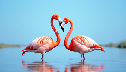 Two pink flamingos forming a heart shape with their necks in calm water under a blue sky