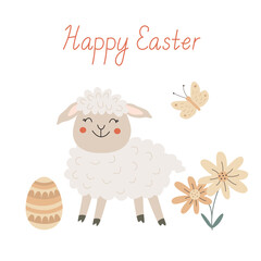 Happy Easter greeting card with a cute smiling lamb, egg, butterfly and flowers. Vector illustration and lettering hand drawn flat style, pastel colors