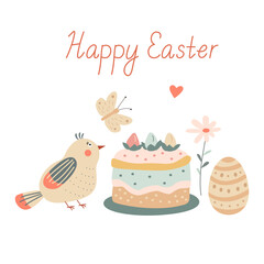 Happy Easter greeting card with an easter cake, an egg, a cute little chicken or a bird, a flower and a butterfly. Vector illustration and lettering in hand drawn flat style, pastel colors.