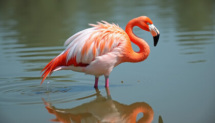 Fototapeta premium Close-up of a single pink flamingo standing in shallow water with ripples around it