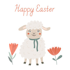 Happy Easter greeting card with a cute little lamb and flowers. Vector illustration and lettering in hand drawn flat style, pastel colors.